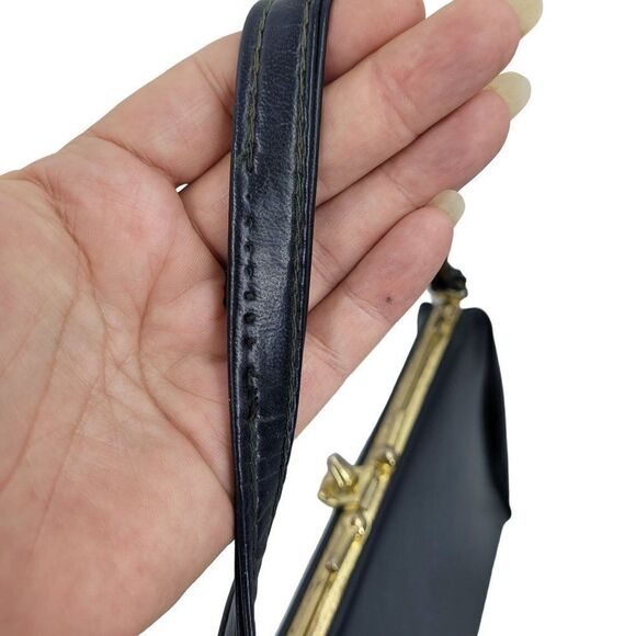 Vintage 60's Handbag Top Handle Vegan Framed Clasp Closure Midnight Blue Gold - Picture 6 of 13